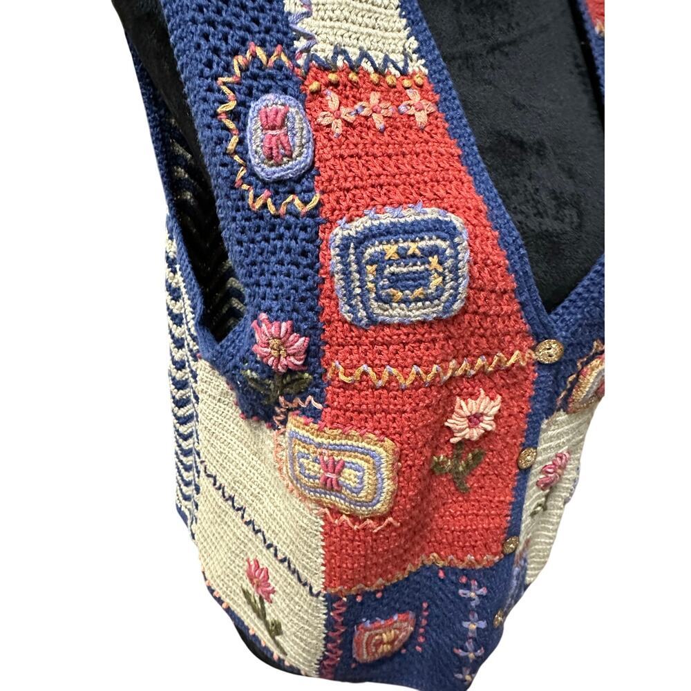Boho Hand Knit Sweater Vest XL Cottagecore Floral Embroidered Knit Cardigan XL - Picture 9 of 14